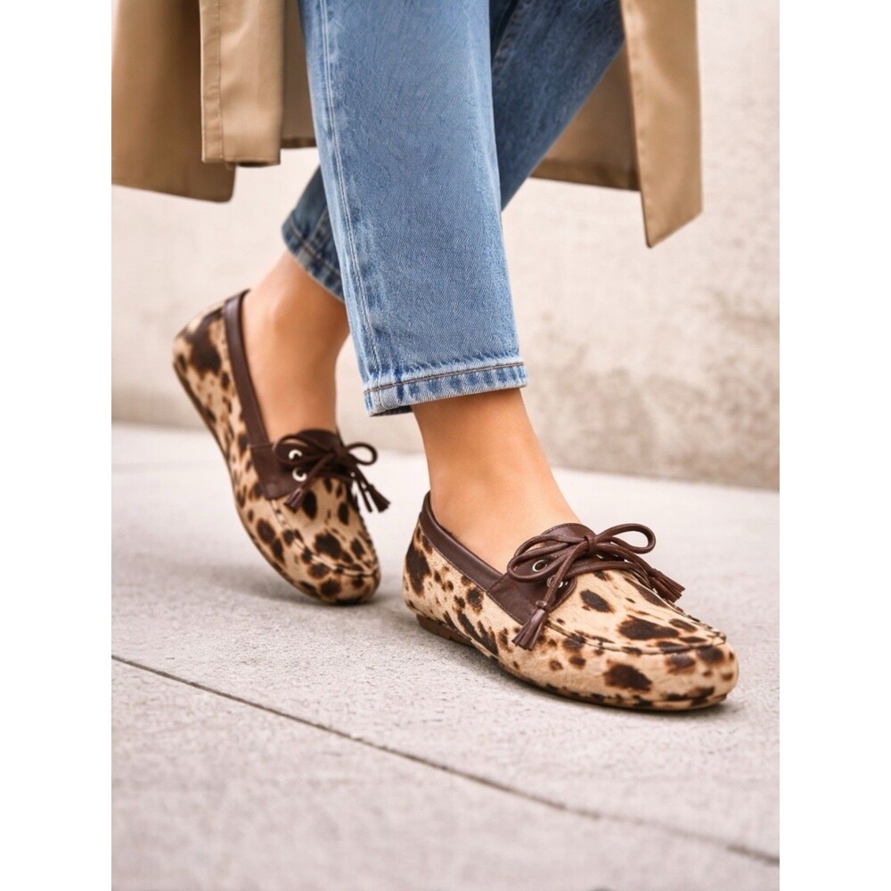 J Crew Driving Loafers Calf‎ Hair Print Leather Luxe Moccasin Tassel Womens 5